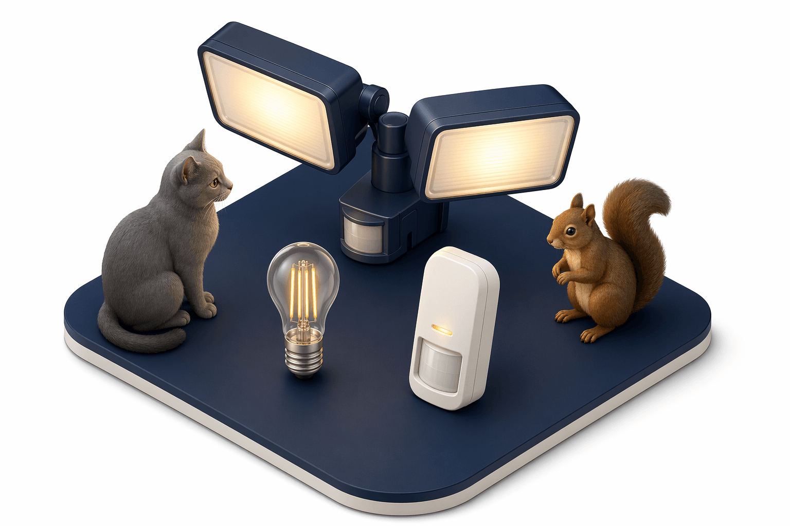 Cat, squirrel, and motion sensor flood lights illustrating what can trigger sensors.