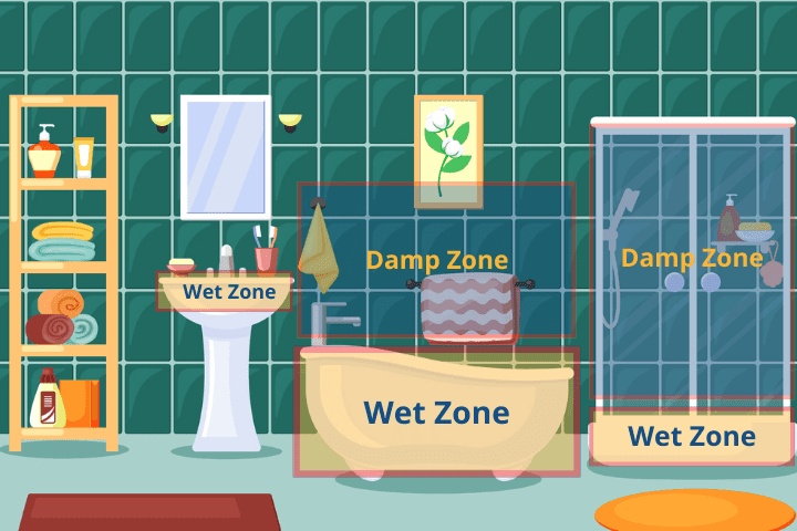 Bathroom layout showing wet and damp zones with storage and fixtures.