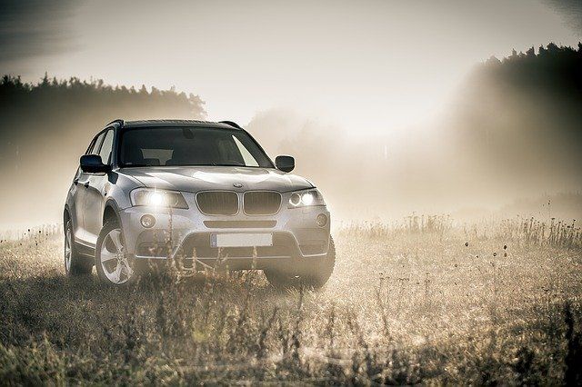 Silver SUV parked in a foggy field during early morning light.