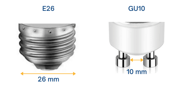 Comparison of E26 and GU10 LED bulb bases showing measurements.