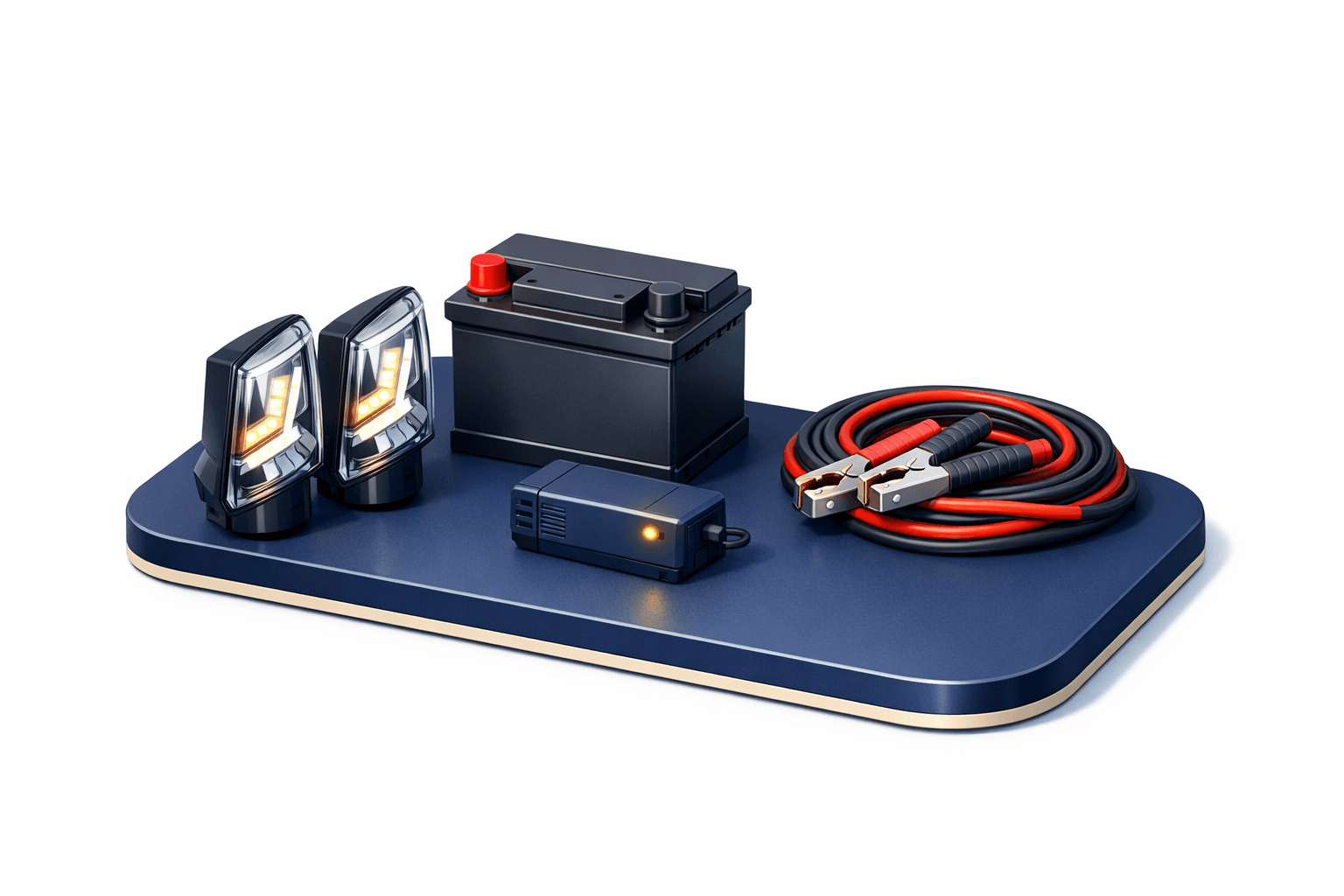 LED headlights, car battery, driver module, and jumper cables explain battery drain concerns.