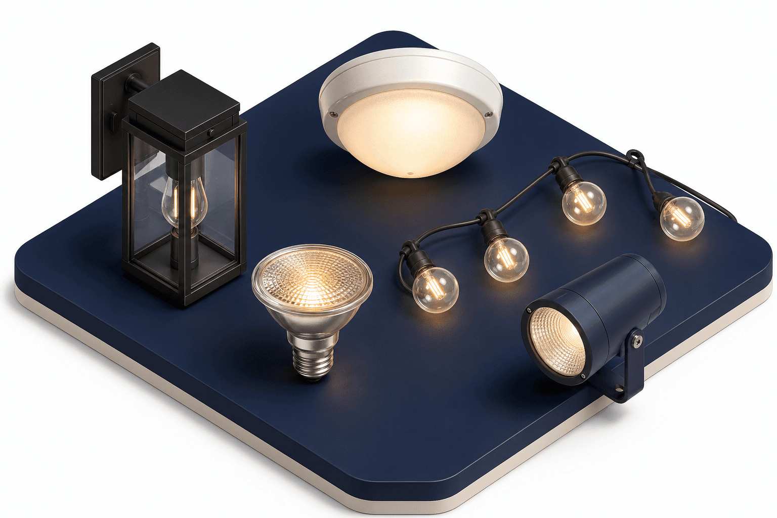 Outdoor lantern, flood bulb, patio string lights, and ceiling fixture adapted for indoor use.