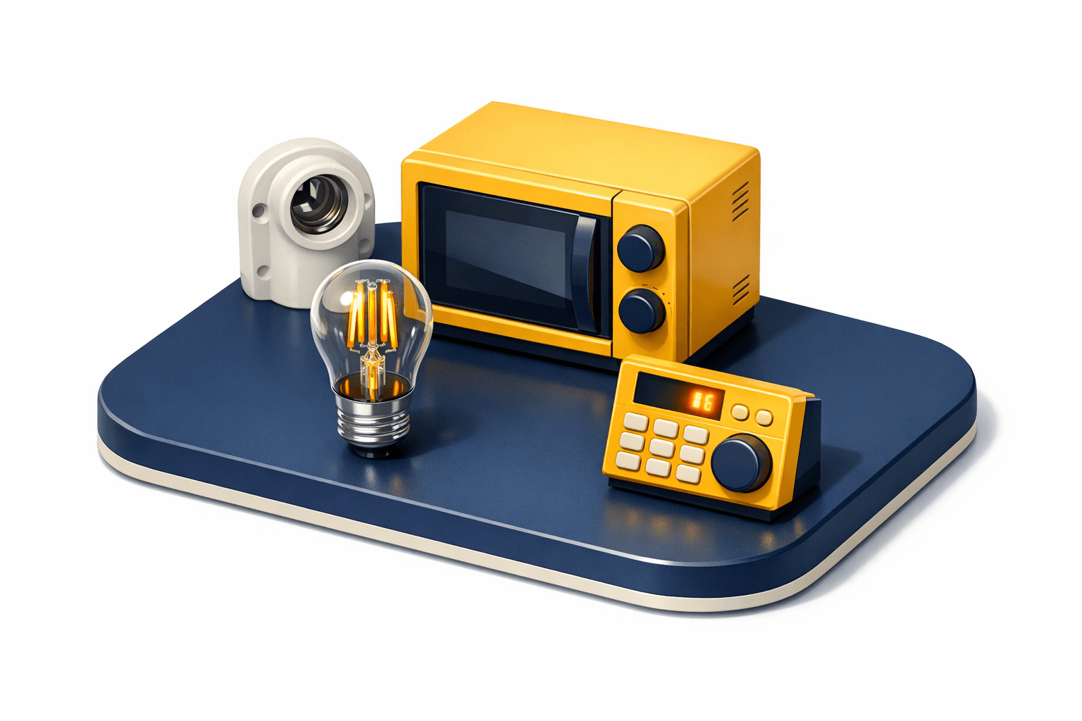 Yellow microwave, LED bulb, socket, and controls showing microwave bulb compatibility topic.