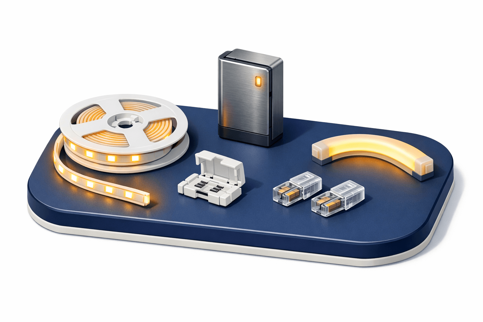 LED strip reel, connectors, and power supply showing how LED strips connect together.