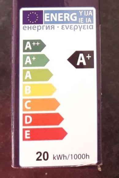 Energy efficiency label showing ratings from A++ to E for LED lighting.