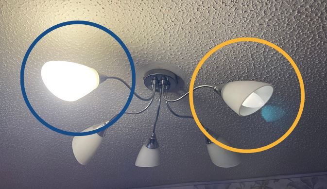 A ceiling light fixture showing one illuminated bulb and one off.