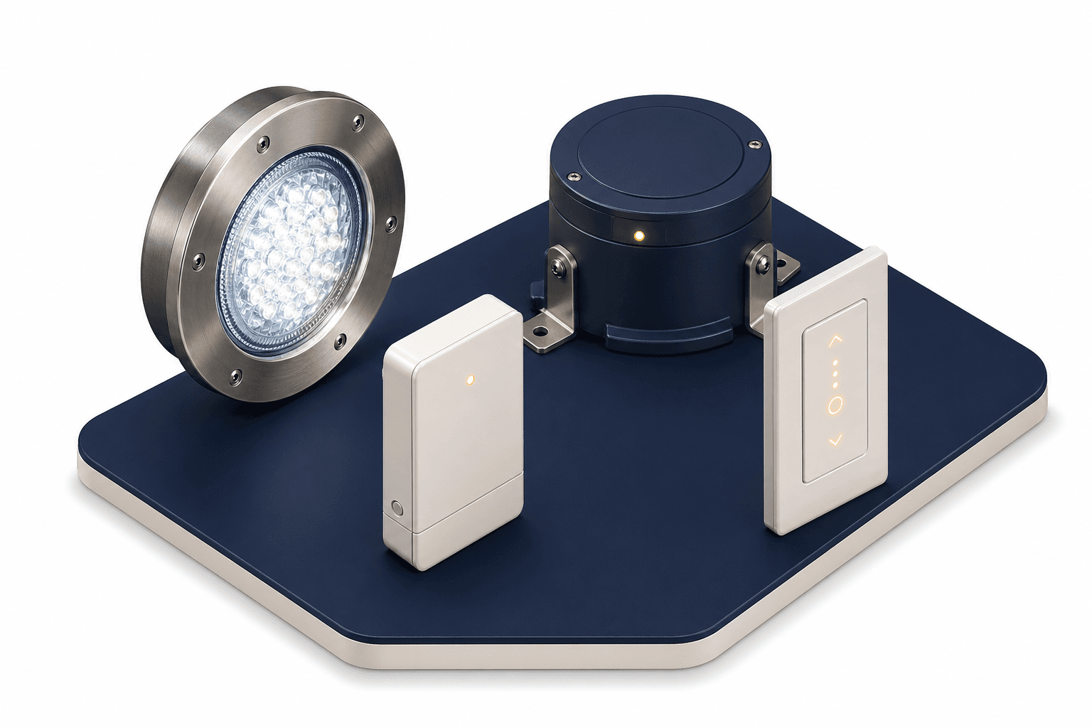 Pool light, dimmer panel, controller, and transformer illustrate how pool lights can dim.