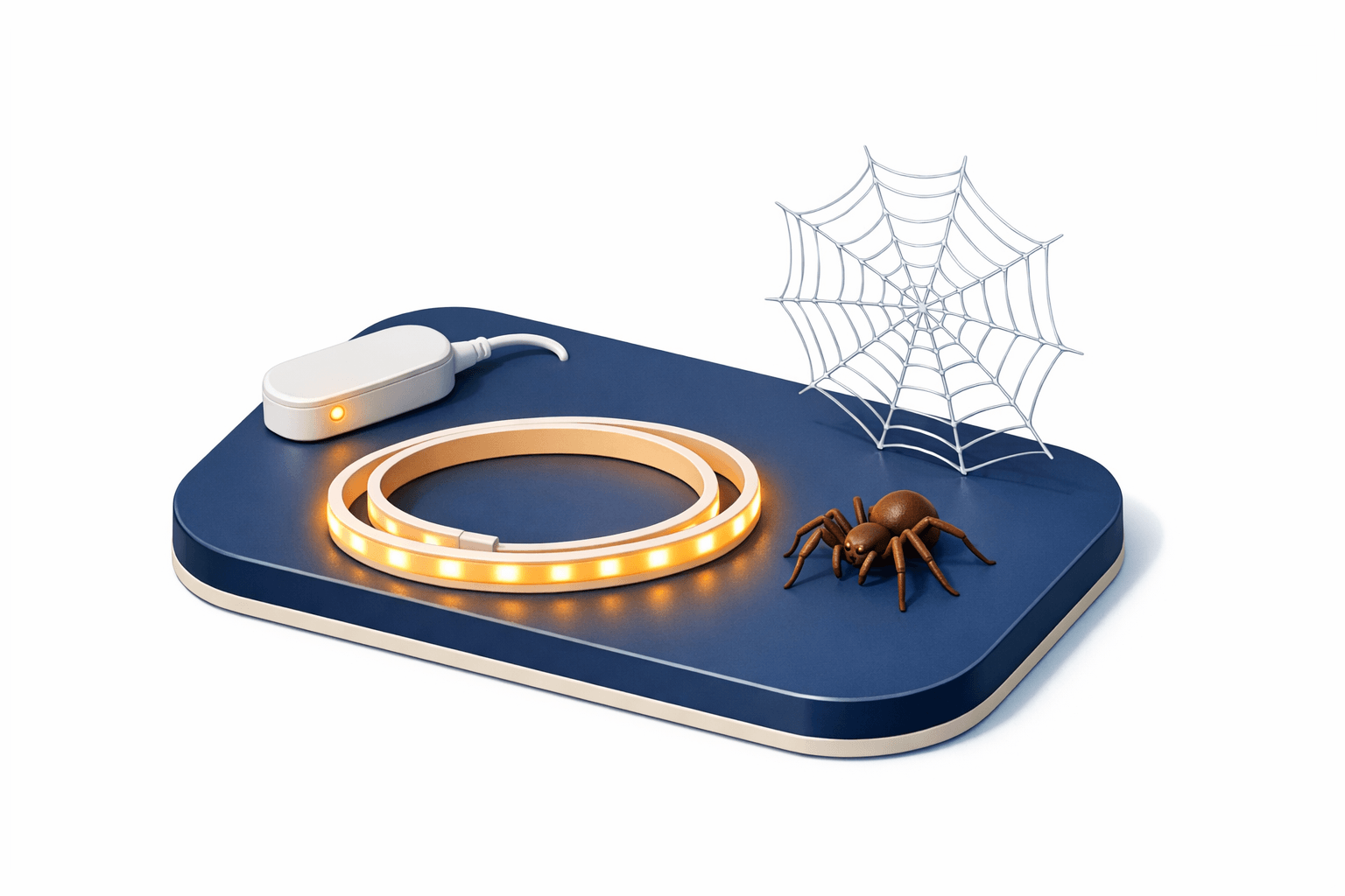 LED strip light, small brown spider, and web shown for spider attraction topic.