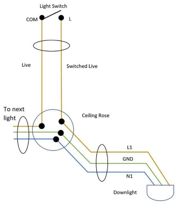 Wiring diagram illustrating connections for a light switch and downlight setup.