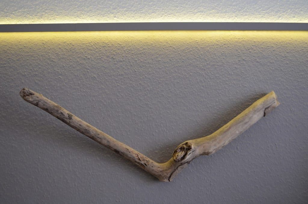 A piece of driftwood placed against a gray wall with LED lighting above.