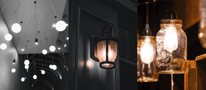 Three types of lighting: hanging bulbs, exterior lantern, and jar lights.