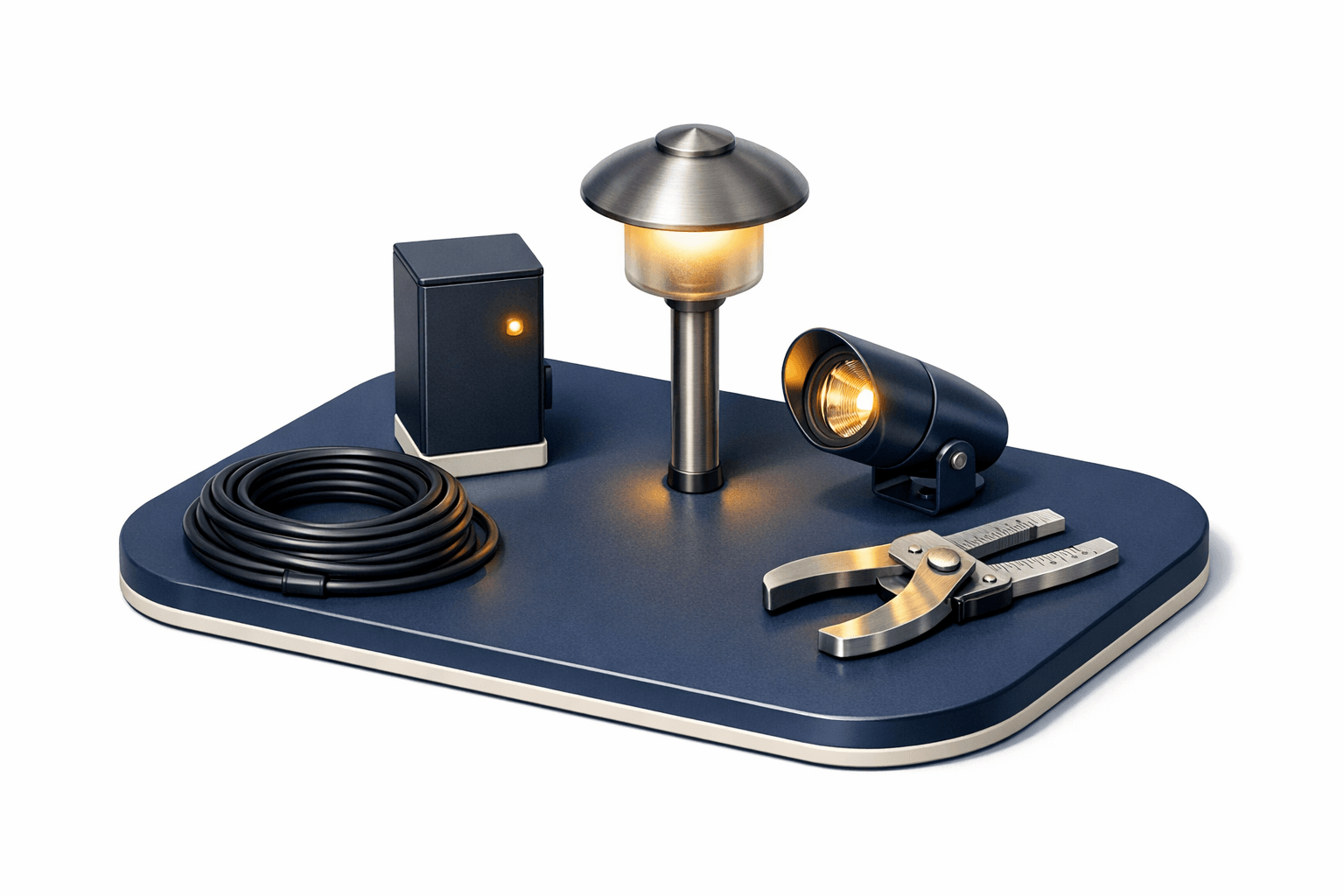 Landscape lighting wire, transformer, path light, spotlight, and gauge tool for wire sizing.