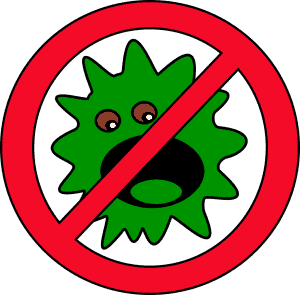 A cartoonish green germ character inside a red prohibition sign.