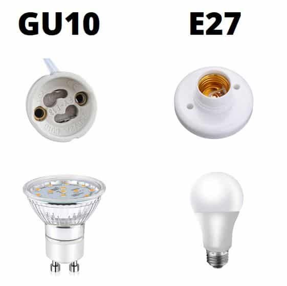 Two types of light bulb bases, GU10 and E27, with corresponding bulbs.