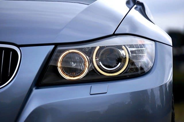 Close-up of a modern car's LED headlights with a sleek design.