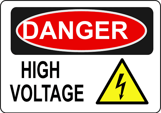 A warning sign with red 'DANGER' text and high voltage symbol