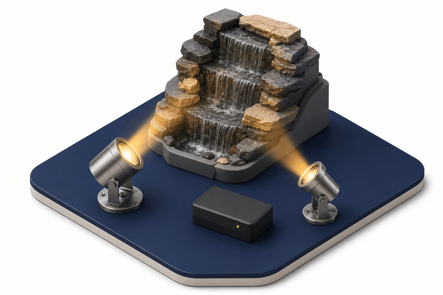 Outdoor waterfall lit by two LED spotlights, showing how to illuminate water features.