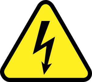 Yellow triangular caution sign with a black lightning bolt symbol.