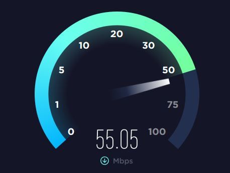 A speed test gauge showing a current speed of 55.05 Mbps.