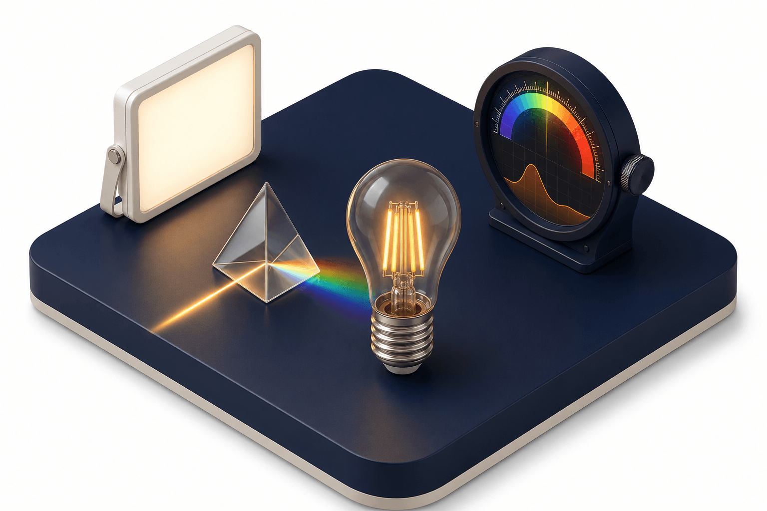 LED bulb, prism, and spectrum display explain whether LED light is monochromatic.