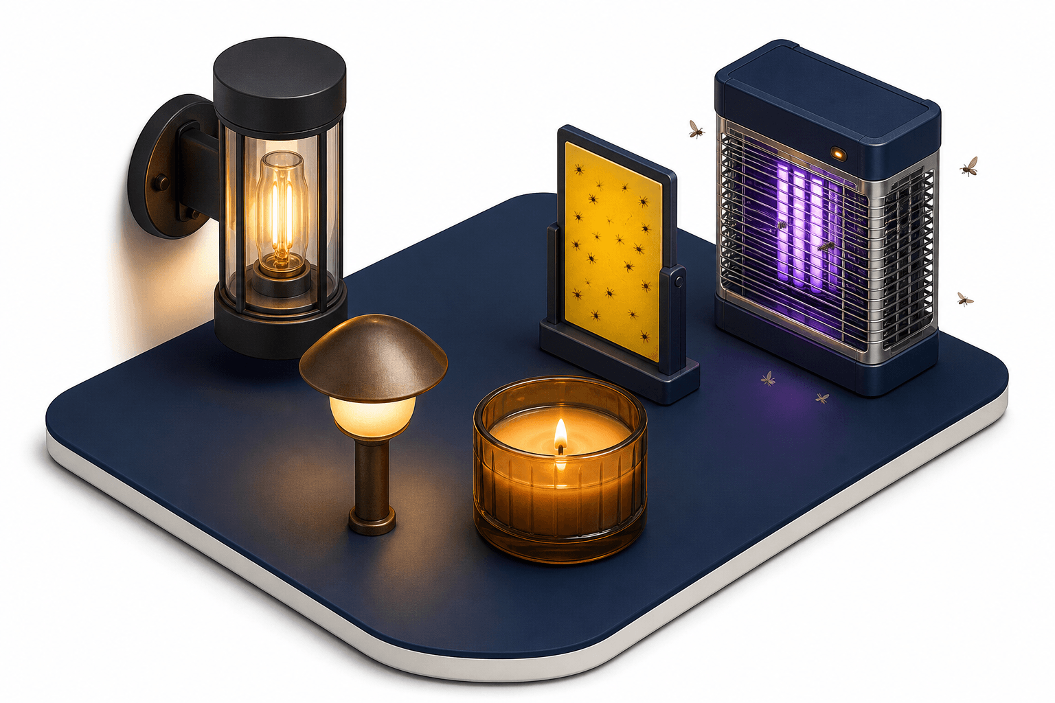 Outdoor lights, bug trap, and moths illustrate how to keep bugs away.