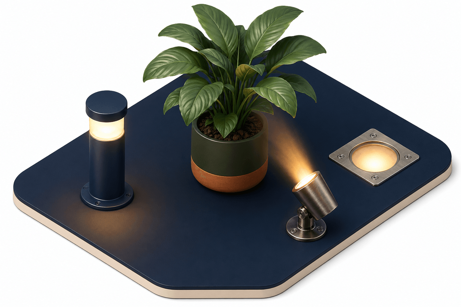 Central garden plant with landscape lights illustrating whether outdoor lighting harms plants.