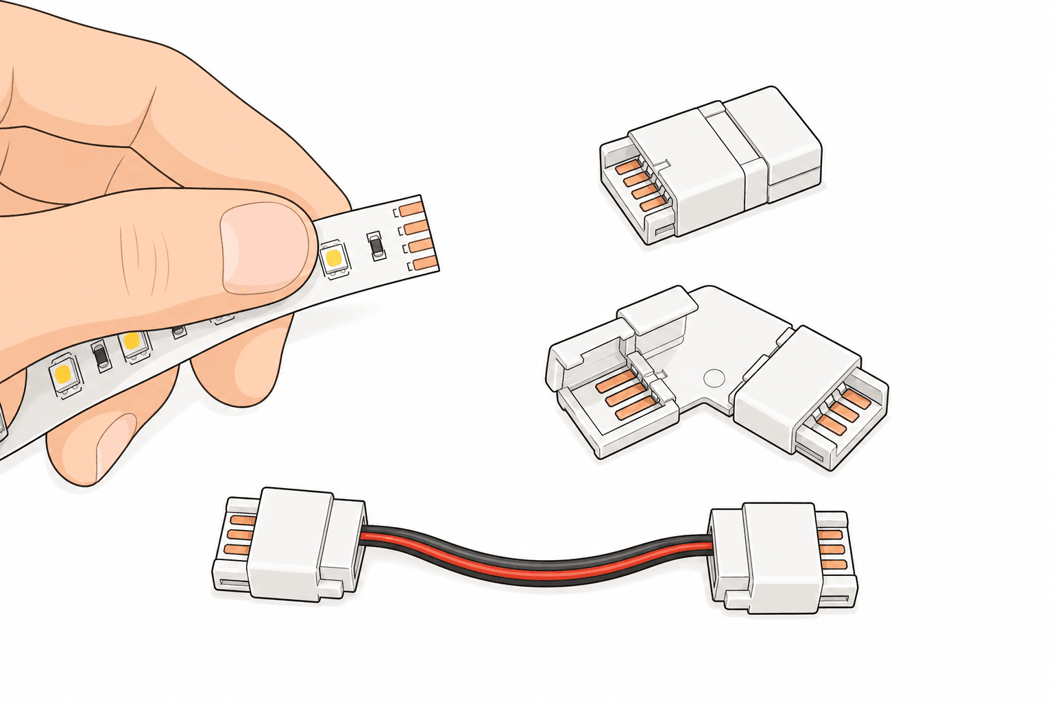three different led strip connector shape, hand holding led strip light illustration