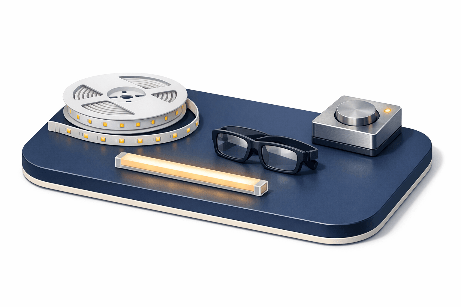 LED strip lights, diffuser, glasses, and dimmer shown for eye comfort concerns.