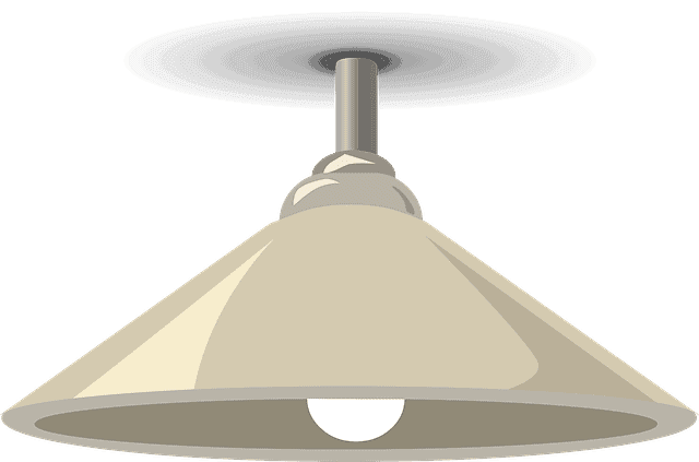 Hanging ceiling light fixture with a cone-shaped shade and bulb.