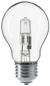 Transparent light bulb with visible filament inside and metal base.