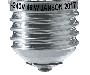 Close-up of a silver LED light bulb socket with identification details.