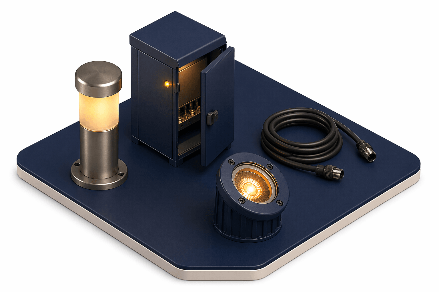 Landscape lighting transformer, path light, well light, and cable illustrate transformer failure issues.