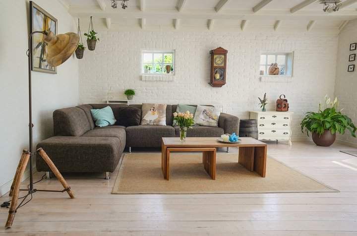 Bright and airy living room with a cozy sofa, wooden table, and decorative plants.