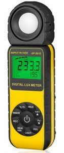 A digital lux meter displaying light measurement readings.
