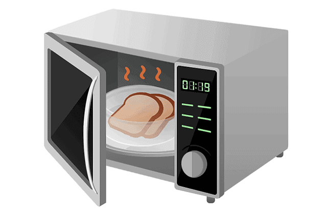 Microwave oven heating two slices of bread on a plate inside.