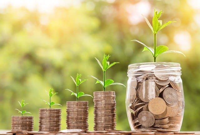 Growing plants on stacks of coins, symbolizing financial growth and sustainability.