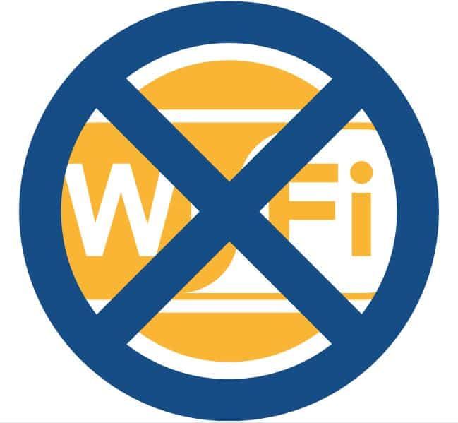 A circular symbol with a crossed-out WiFi icon in the center.