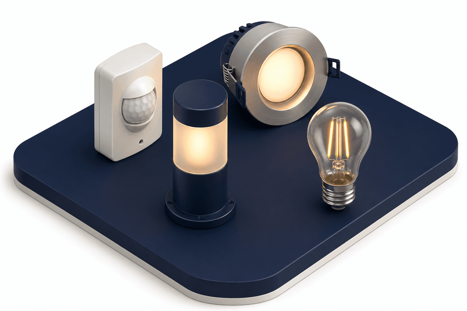PIR motion sensor with outdoor light, downlight, and LED bulb for light compatibility.