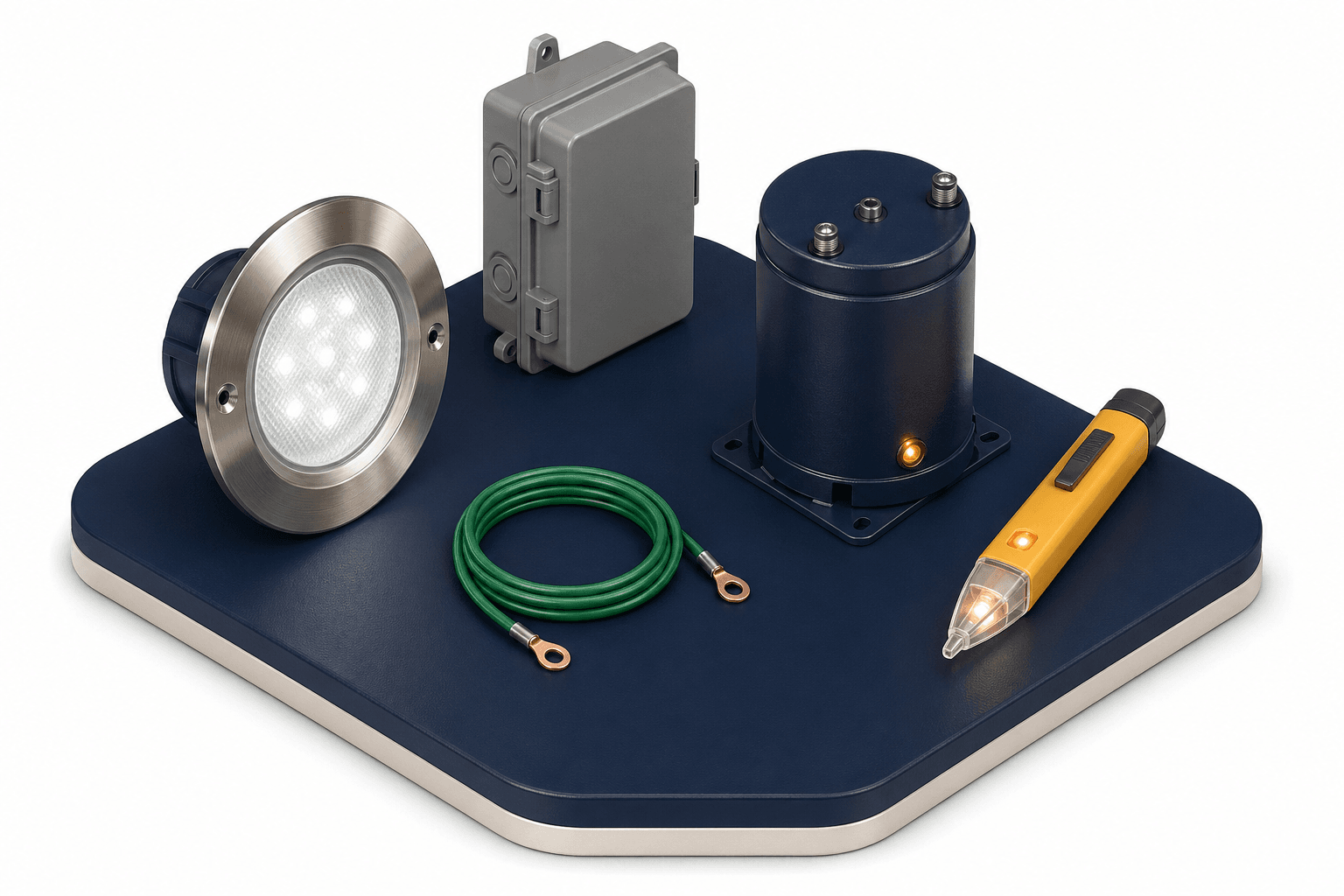 Pool light, grounding wire, junction box, transformer, and tester for pool light grounding safety.
