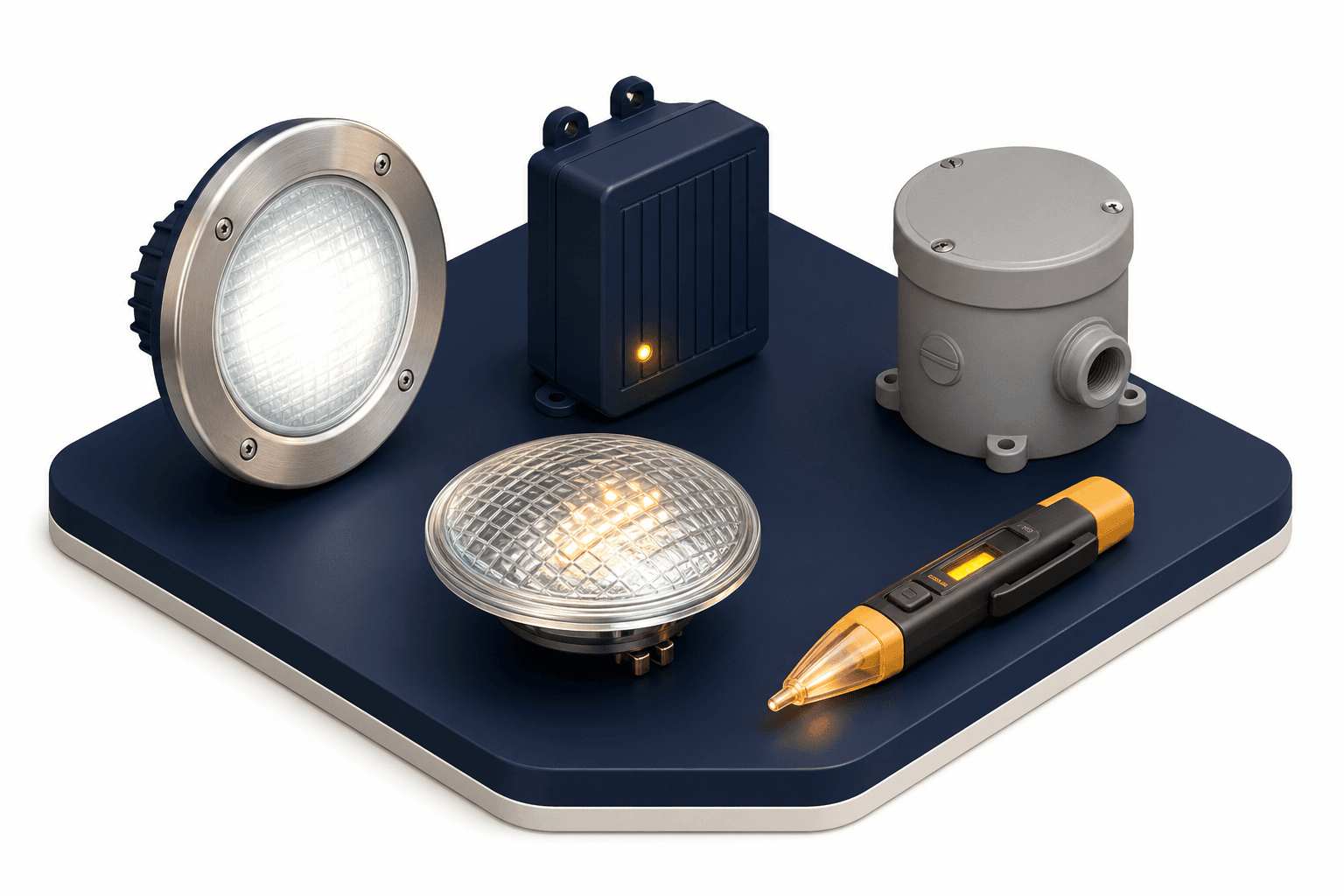 Pool light, transformer, PAR56 lamp, and tester show common pool light voltages.