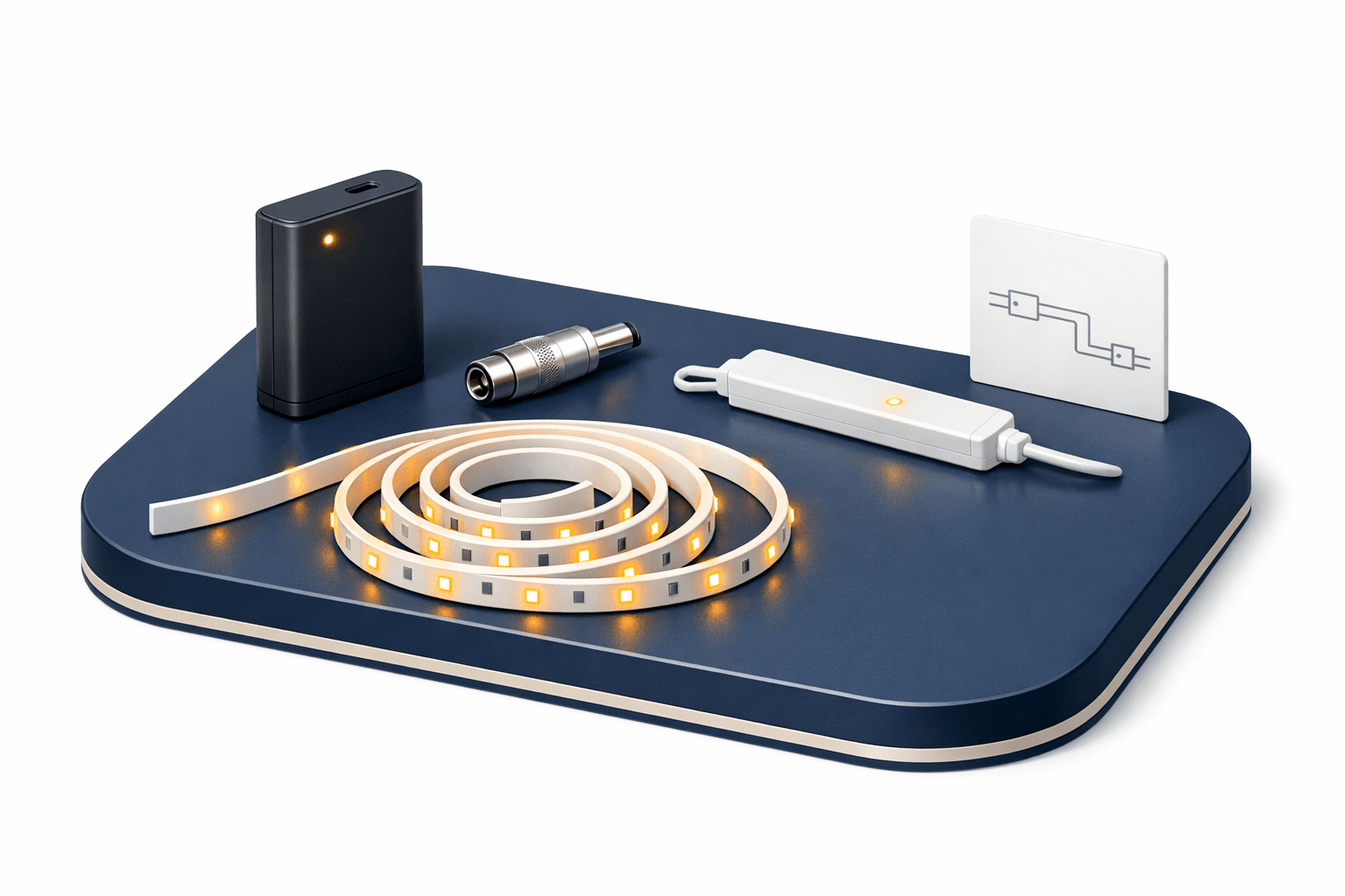 LED strip light, battery pack, adapter, and diagram showing battery-powered strip connection.
