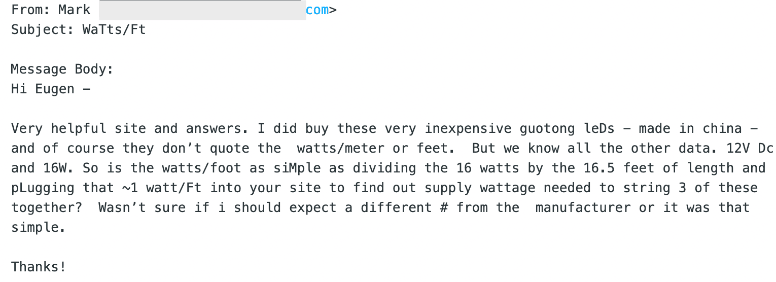 Mark is asking about wattage of the LED strip