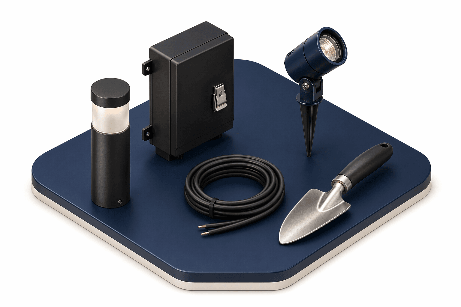 Path light, transformer, cable, trowel, and spotlight used for landscape lighting removal.