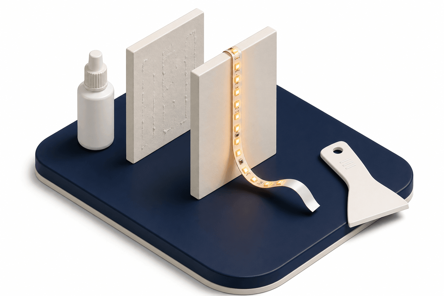 LED strip light peeling from wall with scraper and remover for safe removal.