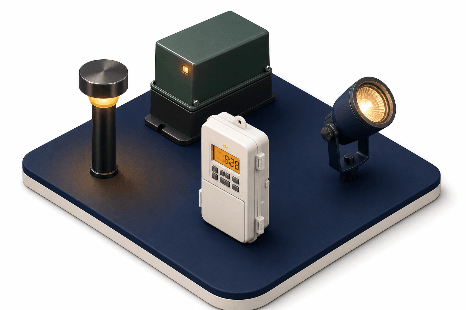 Landscape lighting timer, path light, transformer, and spotlight for timer setup.