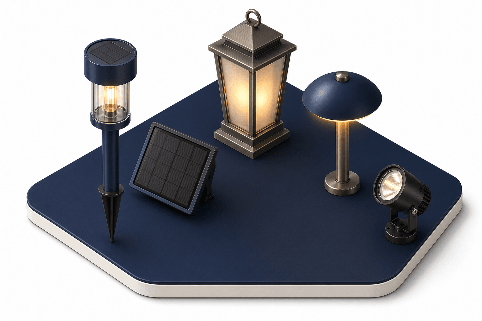 Solar path light, panel, lantern, and spotlight illustrate shade-related solar lighting performance.