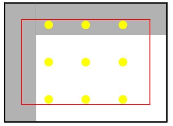 Diagram showing LED lighting placements with yellow dots and a red border.