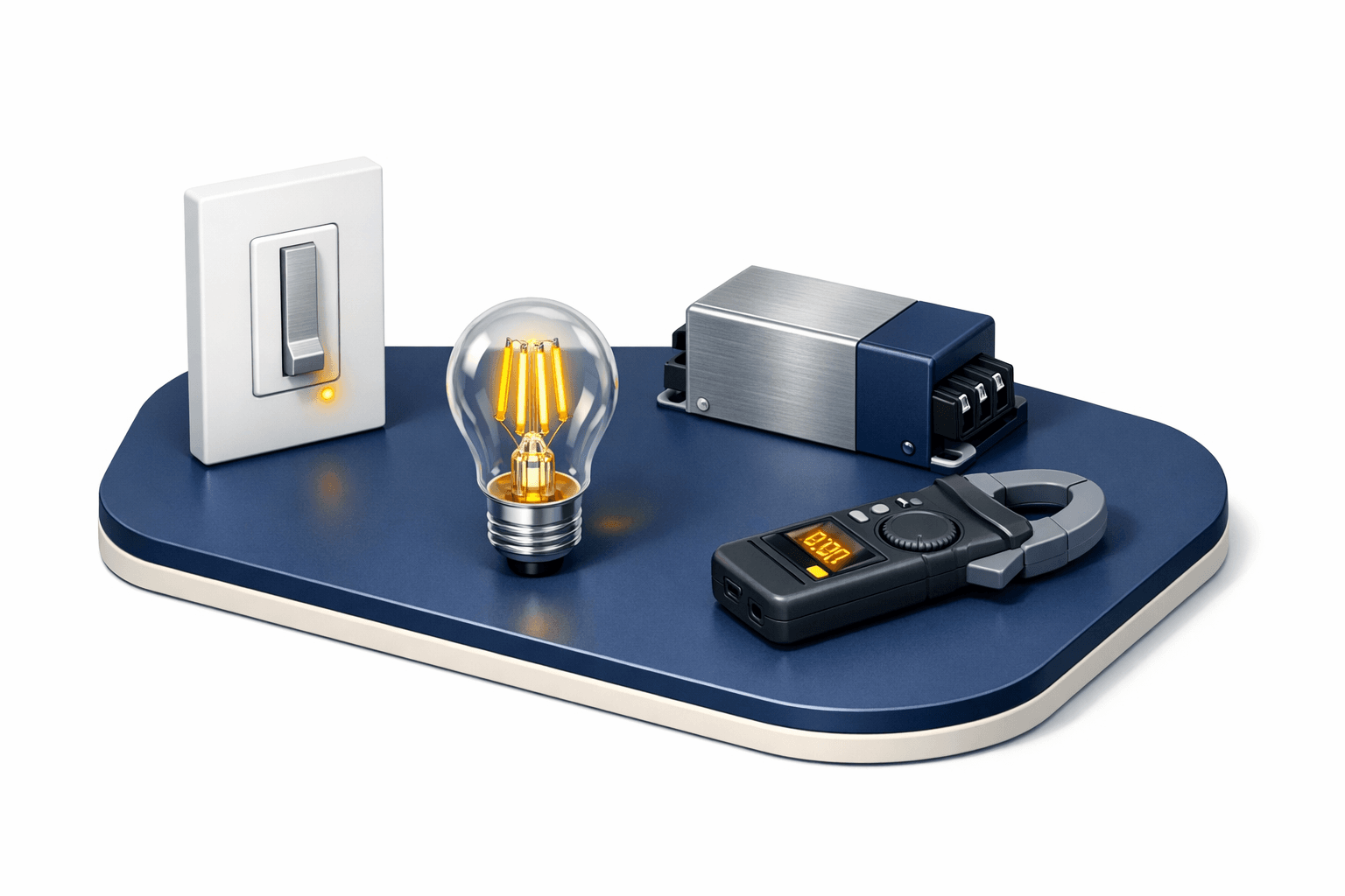 Dimmer switch, LED bulb, driver, and clamp meter explain volts versus amps.