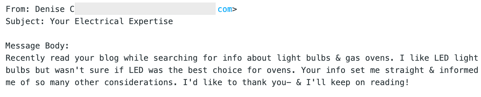 Denise praising article about oven lighting