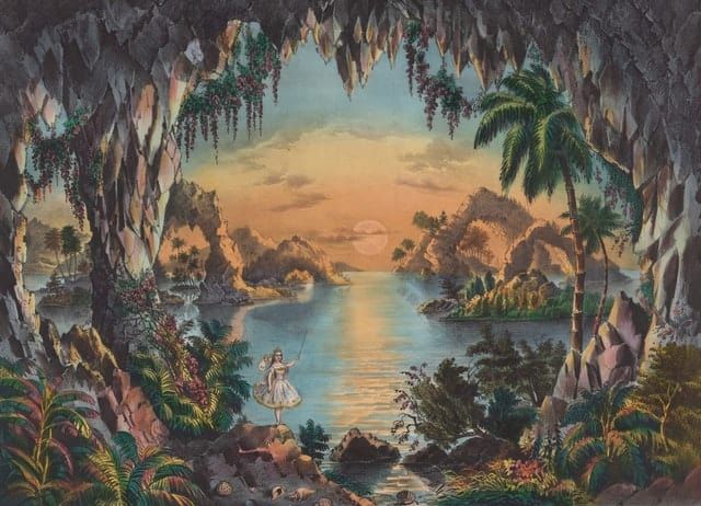 A dancer in a cave during sunset, surrounded by lush vegetation and a shimmering river.